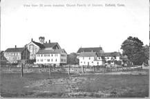 SA1585 - View of buildings from the meadow. Identified on the front. Photo is associated with the Church Family., Winterthur Shaker Photograph and Post Card Collection 1851 to 1921c